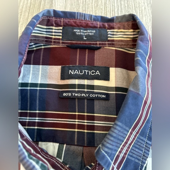 NAUTICA Men's 80's Two-ply Cotton Sport Shirt Plaid Pattern Red Blue White Large - Picture 7 of 11